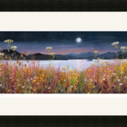 Lake District art by Jeff Sudders Dancing in the Moonlight Ullswater. A summer scene with colourful wildflowers contrasting with the dark mountains and sky with a bright full moon