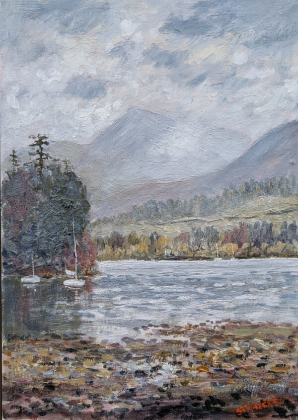 Lake District original oil painting by Jeff Sudders derwentwater and causey pike. A lake scene with fells in the distance.