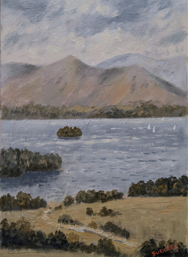 Lake District original oil painting by Jeff Sudders derwentwater and catbells. A lake scene with fells in the distance.