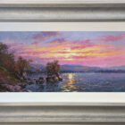 Lake District art original oil painting Evening Reflections Ullswater by Andrew Grant Kurtis in a silver frame with white slip.