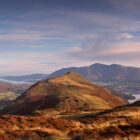 Print by Lake District Photographer Nathan Buckley. footpath to catbells. panoramic view from maiden moor over catbells misty derwentwater towards skiddaw and blencathra and causey pike