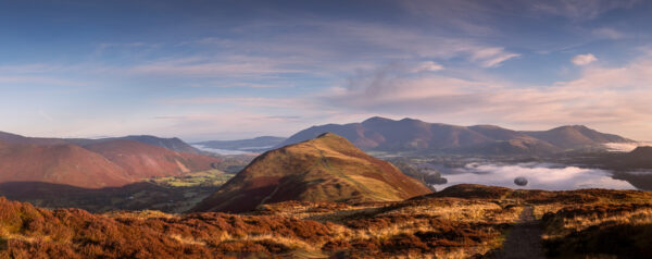 Print by Lake District Photographer Nathan Buckley. footpath to catbells. panoramic view from maiden moor over catbells misty derwentwater towards skiddaw and blencathra and causey pike