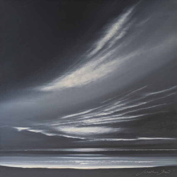 Lake District art original acrylic painting by Jonathan Shaw featuring sweeping clouds in a monochrome skyscape in dark graphite tones