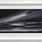 Lake District art original acrylic painting northern Skies by Jonathan Shaw of a dramatic dark grey skyscap. Displayed in a white cushioned frame.