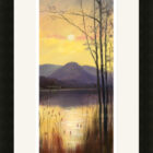 Lake District art print by local artist Jeff Sudders. A scene of a sun setting down; Lake Grasmere in the foreground and Helm Crag mountains in the background in yellow and black.