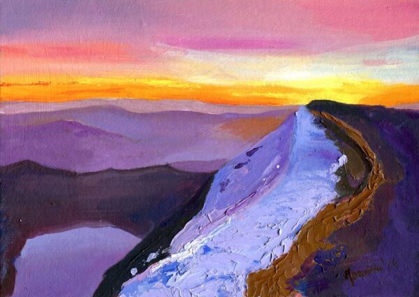 Helvellyn mixed media painting, snow on the top looking to Striding Edge.