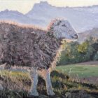lake district art original oil painting by local artist simon whitfield Herdy elterwater common. iconic herdwick sheep in front of langdale pike fells silhouette