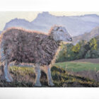lake district art original oil painting by local artist simon whitfield Herdy elterwater common. iconic herdwick sheep in front of langdale pike fells silhouette