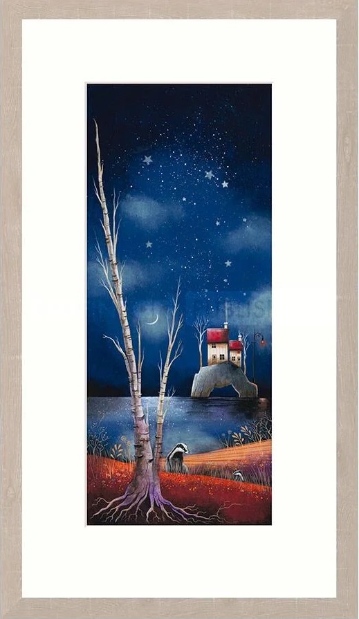 Hide and Seek by Gary Walton. A limited edition print. Two badgers playing in the moonlight houses in the distance.