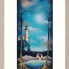 I found you by Gary Walton. A limited edition print. Two foxes facing each other in a wood. Lighthouse in the distance.