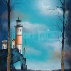 I found you by Gary Walton. A limited edition print. Two foxes facing each other in a wood. Lighthouse in the distance.