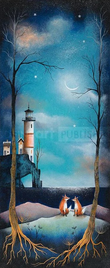 I found you by Gary Walton. A limited edition print. Two foxes facing each other in a wood. Lighthouse in the distance.