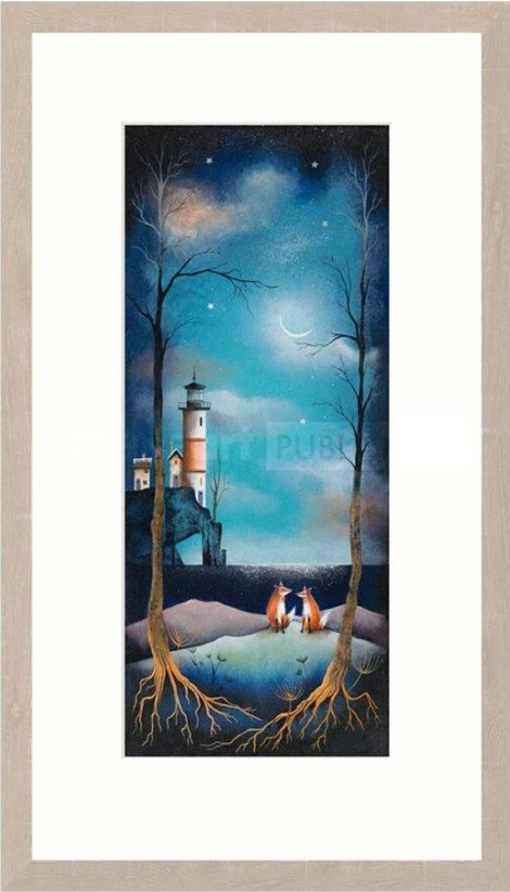 I found you by Gary Walton. A limited edition print. Two foxes facing each other in a wood. Lighthouse in the distance.