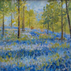 lake district art original oil painting by local artist Jeff Sudders. A beautiful scene of Jeffey Knotts woodland full of bluebells and trees with a couple walking in the distance.