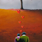 lake district art by David Renshaw Life at its best - a northern romance portrait Ted and Doris with love heart admiring a tree lit up on the hillside