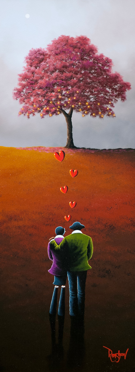lake district art by David Renshaw Life at its best - a northern romance portrait Ted and Doris with love heart admiring a tree lit up on the hillside