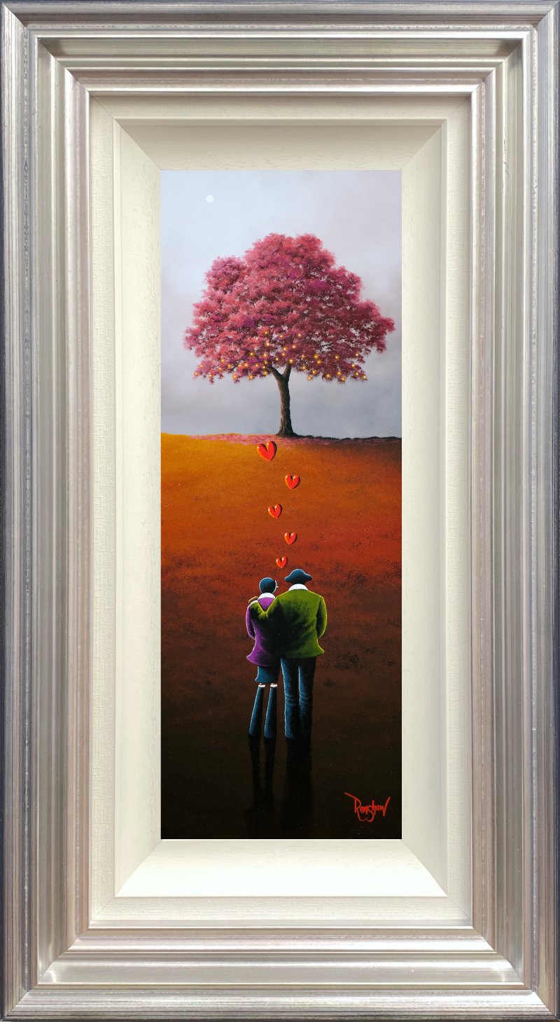 lake district art by David Renshaw Life at its best - a northern romance portrait Ted and Doris with love heart admiring a tree lit up on the hillside