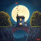 Lake District art by David Renshaw love will lead you home. Boutique limited edition print ted and doris by house on a bridge under big full moon