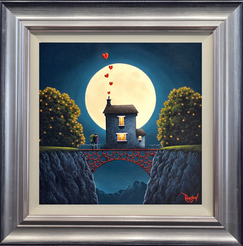 Lake District art by David Renshaw love will lead you home. Boutique limited edition print ted and doris by house on a bridge under big full moon