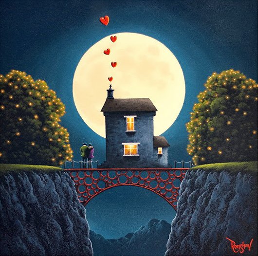 Lake District art by David Renshaw love will lead you home. Boutique limited edition print ted and doris by house on a bridge under big full moon