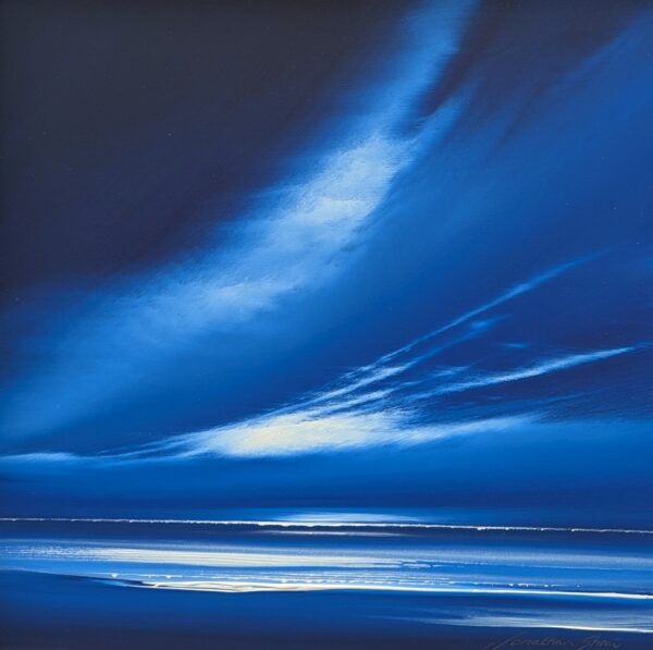 Lake District art original acrylic painting by Jonathan Shaw featuring sweeping clouds in a midnight blue skyscape