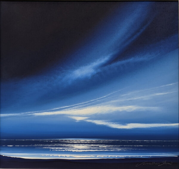 Acrylic painting of sweeping dark blue skies over the sea