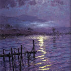 Lake District art original oil painting Moonlight Reflections Ullswater by Andrew Grant Kurtis of moonlight catching ripples on a calm lake with jetty in purple hues.