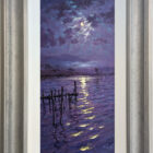 Lake District art original oil painting Moonlight Reflections Ullswater by Andrew Grant Kurtis in a silver frame with white slip.