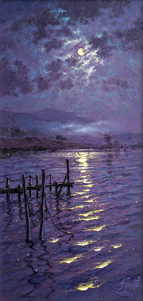 Lake District art original oil painting Moonlight Reflections Ullswater by Andrew Grant Kurtis of moonlight catching ripples on a calm lake with jetty in purple hues.