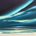 Lake District art original painting Northern Skies of sweeping skyscape in deep blue tones by Jonathan Shaw. Reminiscent of a winter shoreline and Arora borealis