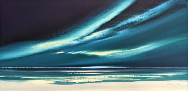 Lake District art original painting Northern Skies of sweeping skyscape in deep blue tones by Jonathan Shaw. Reminiscent of a winter shoreline and Arora borealis
