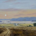 Lake District art original oil painting by Jeff Sudders. On The Way Down To Windermere Features two figures and dog overlooking lake windermere