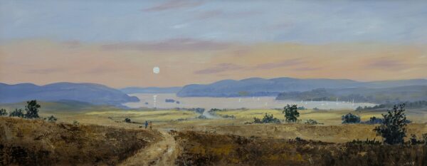 Lake District art original oil painting by Jeff Sudders. On The Way Down To Windermere Features two figures and dog overlooking lake windermere