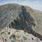 Lake District art original oil painting by Jeff Sudders On the way up stridinge edge. colourful hikers ascent to helvellyn fell