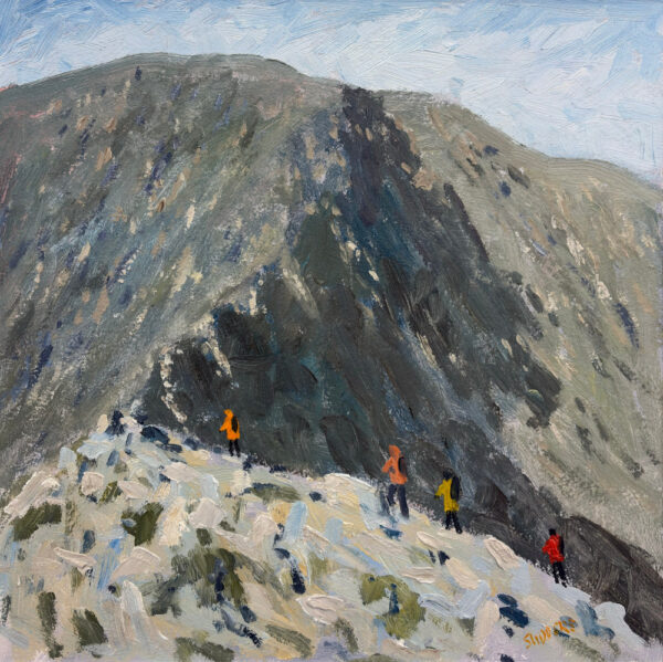 Lake District art original oil painting by Jeff Sudders On the way up stridinge edge. colourful hikers ascent to helvellyn fell