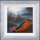 Lake District art original oil painting by David Renshaw. featuring Ted and Doris. Our hearts are in the mountains. Red love heart and snow topped fells