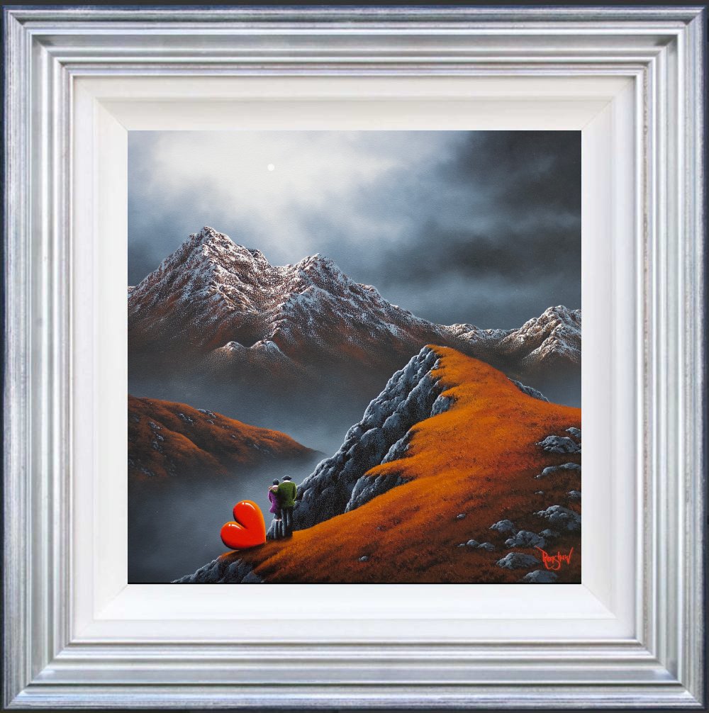 Lake District art original oil painting by David Renshaw. featuring Ted and Doris. Our hearts are in the mountains. Red love heart and snow topped fells