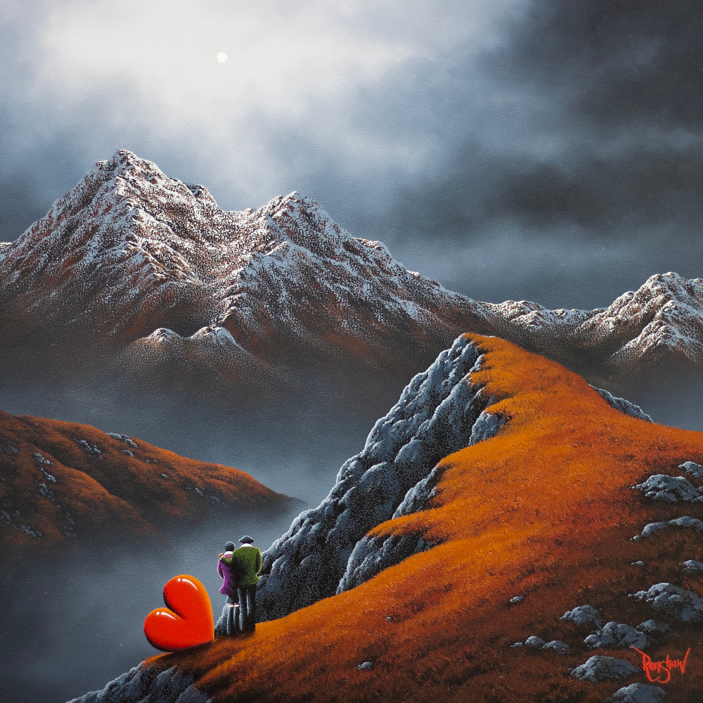 Our Hearts are in the Mountains Lake District art original oil painting by David Renshaw. featuring Ted and Doris. Our hearts are in the mountains. Red love heart and snow topped fells
