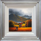 lake district art romantic original oil painting by david renshaw. featuring Ted and Doris and dog overlooking cosy house in a field with fells and lake in the distance. Displayed in a blue silver frame.