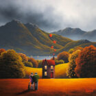 lake district art romantic original oil painting by david renshaw. featuring Ted and Doris and dog overlooking cosy house in a field with fells and lake in the distance.