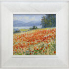 lake district art original oil painting by local artist Jeff Sudders. A beautiful and vibrant scene of fields of poppies with lakes and fells in the far distance. Displayed in a white wood grain frame.