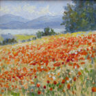 lake district art original oil painting by local artist Jeff Sudders. A beautiful and vibrant scene of fields of poppies with lakes and fells in the far distance.