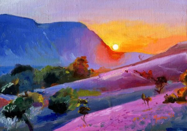 Rannerdale Knotts at sundown with Mellbreak in view, mixed media painting of the Lake District