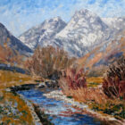 Lake District art original oil painting by Jeff Sudders featuring Snow on the Tops in the Langdale Valley. A flowing river trees in the foreground with snowy mountains in the distance.