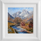 Lake District art original oil painting by Jeff Sudders featuring Snow on the Tops in the Langdale Valley. A flowing river trees in the foreground with snowy mountains in the distance. Displayed in a white wood grain frame.