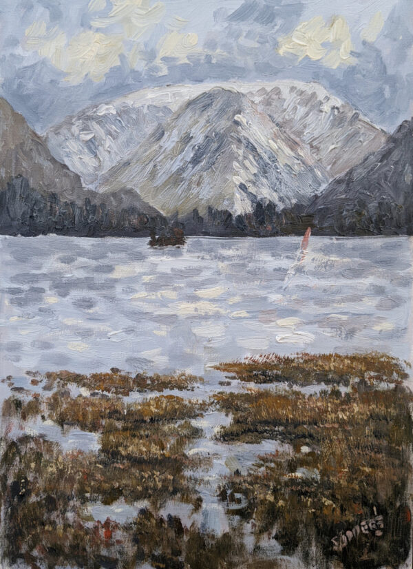 Lake District original oil painting by Jeff Sudders snow on the tops at ullswater A lake scene with fells in the distance.