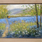 Lake District art original oil painting by Jeff Sudders featuring spring in the lakes. A couple walking through a field of bluebells with a lake and fells in the distance. Displayed in a light oak frame.