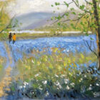 Lake District art original oil painting by Jeff Sudders featuring spring in the lakes. A couple walking through a field of bluebells with a lake and fells in the distance.