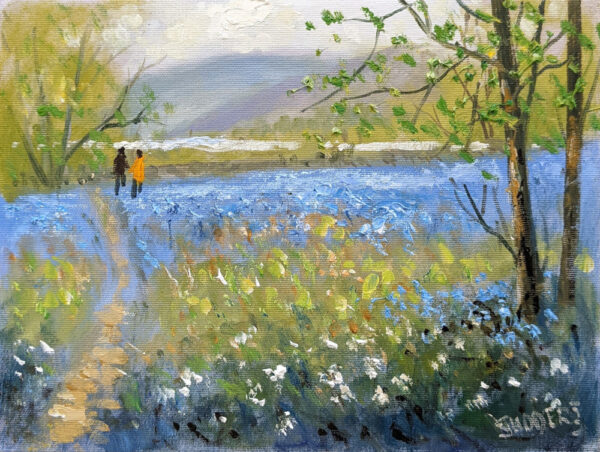 Lake District art original oil painting by Jeff Sudders featuring spring in the lakes. A couple walking through a field of bluebells with a lake and fells in the distance.