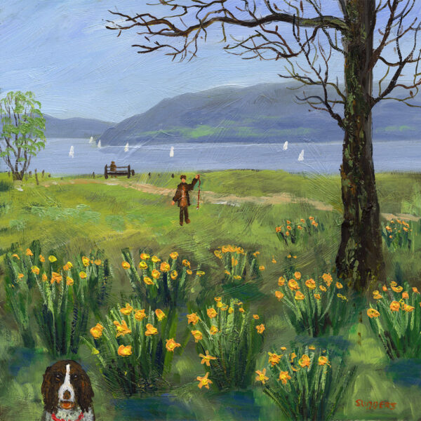 Lake District art print Springer has Sprung by local artist Jeff Sudders. A spaniel amongst daffodils on the shore of Windermere at springtime.